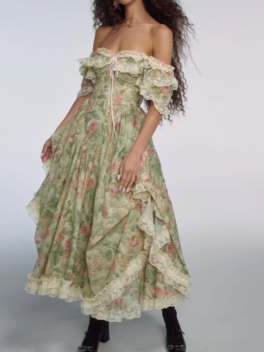 BEST Selkie The Kindred Spirit Cupid Midi Dress Green Cream Floral - Picture 2 of 13